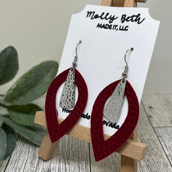 Maroon Earrings, Hammered Triangle, Rhodium Plated Brass, Cut Out Leaf, MaroonFaux Leather, Dressy Maroon Earrings