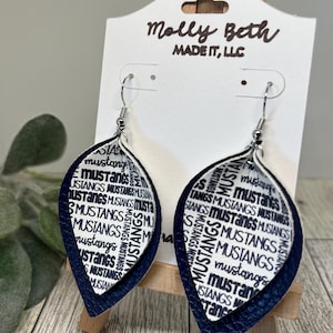 Mustang Earrings, Mustang Mascot Earrings, Mustang Faux Leather, Navy Print