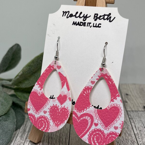 Pink Heart Earrings, Pink Doily Heart Faux Leather, Cut Out Teardrop Shape Earring, Valentine Earrings