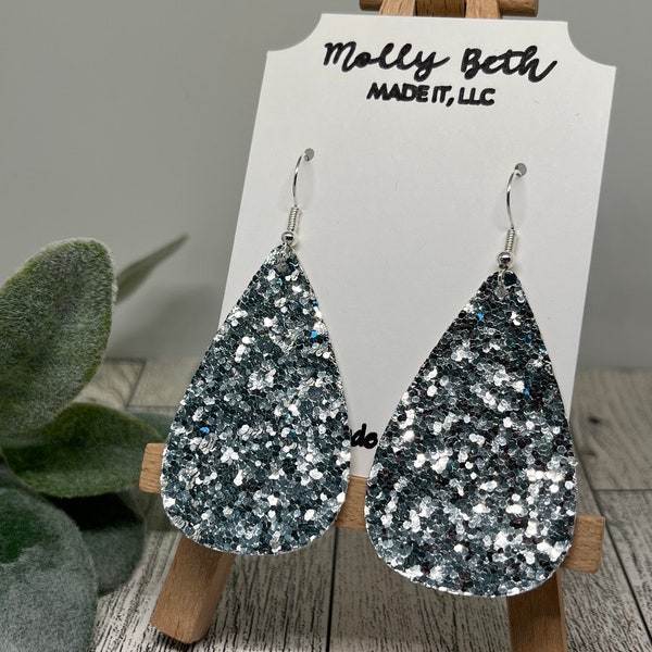 Chunky Silver Glitter Faux Leather, Teardrop Shaped Earrings, Silver Glitter