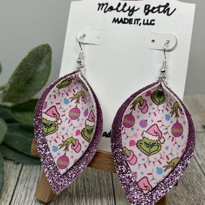 Grinch Earrings, Glittery Grinch Earrings, Christmas Character Faux Leather, Green Christmas Earrings, Pink Grinch Earrings