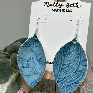 Light Blue Earrings, Embossed Faux Leather Earrings, Embossed Floral Pattern, Leaf Shape