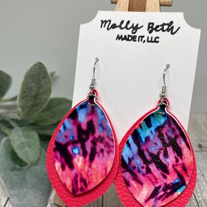 Pink and Blue Tie Dye Earrings, Tie Dye Faux Leather, Teardrop Shape, Pinched Teardrop
