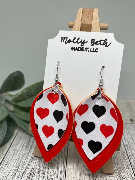 Heart Earrings, Black and Red Hearts Earrings, Red and Black Heart