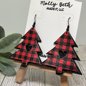 Christmas Tree Earrings, Red Buffalo Plaid, Tree with Heart Cut Out, Buffalo Plaid Faux  Leather Earrings