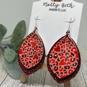 Red Leopard Earrings, Red Leopard Print, Leopard Faux Leather, Red Glitter, Leopard Print and Glitter, Valentine Leopard Print