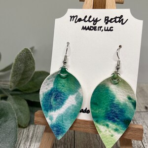 Green Tie Dye Earrings, Green Tie Dye Faux Leather, Leaf Shape, Pinched Leaf Shape