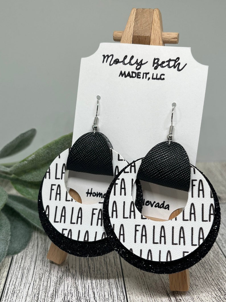 Fa La La La Earrings, Deck the Halls Earrings, Christmas Earrings, Christmas Carol Earrings, Christmas Faux Leather, Black, Black Glitter image 1