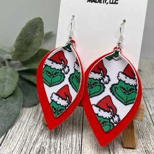 Grinch Earrings, Christmas Character Faux Leather, Green Christmas Earrings