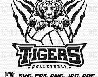 May include: Black and white illustration of a tiger holding a volleyball with the word "TIGERS" and the text "VOLLEYBALL" underneath.