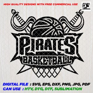 Op de afbeelding: Zwart-wit grafisch ontwerp van een basketbal met gekruiste zwaarden en de tekst "PIRATES BASKETBALL".