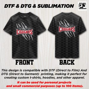 May include: Black t-shirt with a white claw mark design and the word "COUGARS" in red lettering. The design is compatible with DTF and DTG printing.