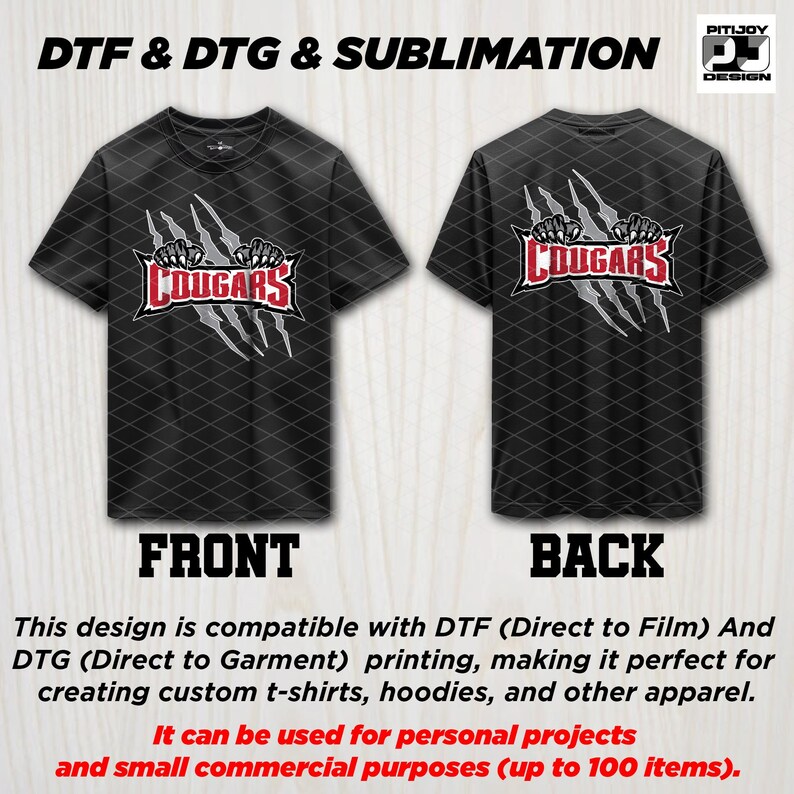 May include: Black t-shirt with a white claw mark design and the word "COUGARS" in red lettering. The design is compatible with DTF and DTG printing.