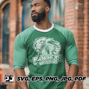 May include: A green and white raglan t-shirt with a white panther graphic and the text "Panthers Volleyball".