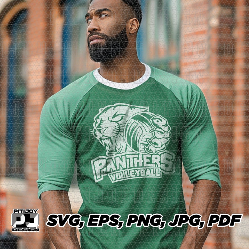 May include: A green and white raglan t-shirt with a white panther graphic and the text "Panthers Volleyball".