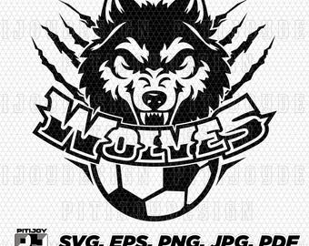 May include: Black and white graphic of a wolf's head with the word "WOLVES" across a soccer ball. The wolf has sharp teeth and claw marks. The image includes the text "SVG, EPS, PNG, JPG, PDF".