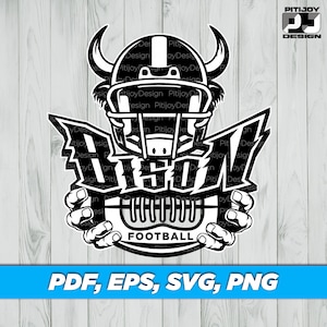 May include: Black and white graphic design of a football player wearing a helmet with horns. The player is holding a football with the word "FOOTBALL" written on it. The word "BEAST" is written in a stylized font behind the player.
