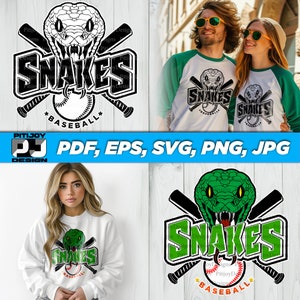May include: A black and white baseball logo with a snake head and crossed bats. The text "SNAKES" is in a bold font with a baseball graphic below. The text "BASEBALL" is below the baseball graphic.