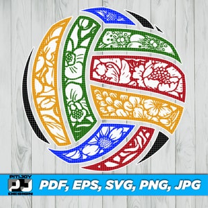 Könnte beinhalten: Ein bunter Volleyball mit einem Blumenmuster. Der Volleyball besteht aus sechs Feldern, jedes mit einer anderen Farbe und einem anderen Blumendesign. Die Farben sind Blau, Grün, Gelb, Rot und Schwarz.