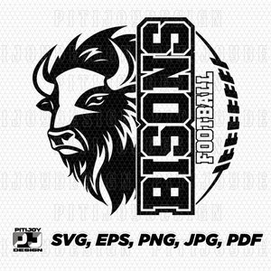 Può includere: Grafica in bianco e nero di una testa di bufalo con la parola "Bisons" e "Football" in un cerchio intorno.