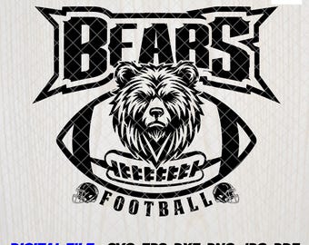 May include: Black and white graphic design of a bear's head inside a football with the word "BEARS" above and "FOOTBALL" below. The text "HIGH QUALITY DESIGNS WITH FREE COMMERCIAL USE" is at the top of the image. The text "DIGITAL FILE: SVG, EPS, DXF, PNG, JPG, PDF" and "CAN USE: HTV, DTG, DTF, SUBLIMATION" is at the bottom of the image.