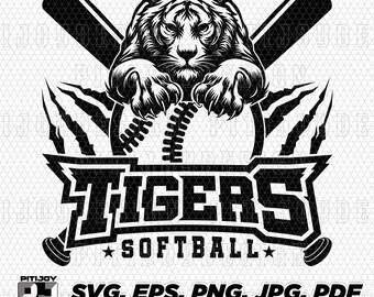 May include: Black and white softball team logo featuring a tiger with claws, a baseball, and crossed bats. The text "TIGERS SOFTBALL" is below the image.