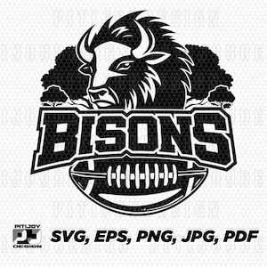 Può includere: Illustrazione in bianco e nero di una testa di bisonte con un casco da football e la parola "Bisons" in grassetto. Il bisonte è circondato da alberi.