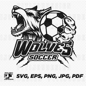 May include: Black and white illustration of a wolf's head with a soccer ball in its paw. The text "WOLVES SOCCER" is below the wolf's head.