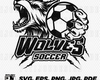 May include: Black and white illustration of a wolf's head with a soccer ball in its paw. The text "WOLVES SOCCER" is below the wolf's head.