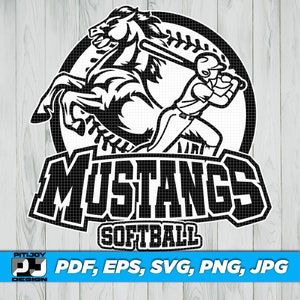 May include: Black and white graphic design featuring a rearing horse and a softball player swinging a bat. The word "MUSTANGS" is prominently displayed above "SOFTBALL". The image also includes file format options: PDF, EPS, SVG, PNG, JPG.