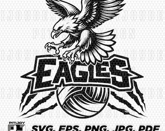 May include: Black and white graphic of an eagle with outstretched wings, perched above the word "EAGLES" and a volleyball. The image includes the text "SVG, EPS, PNG, JPG, PDF".