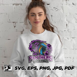 May include: White sweatshirt with a purple panther graphic holding a volleyball. The graphic says "Panthers Volleyball".