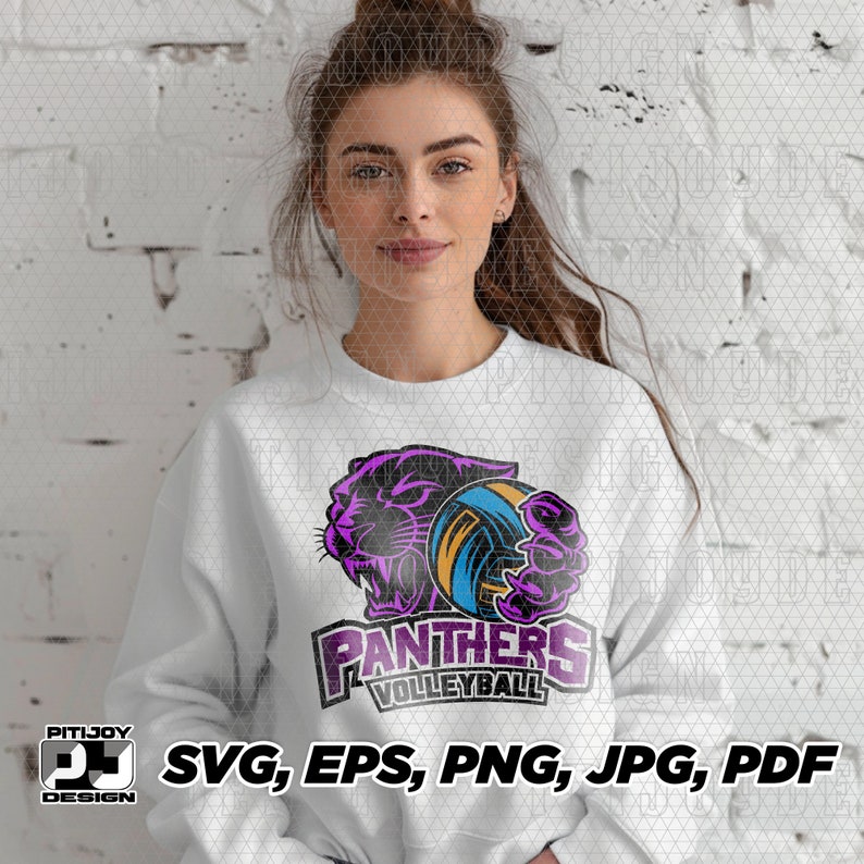 May include: White sweatshirt with a purple panther graphic holding a volleyball. The graphic says "Panthers Volleyball".