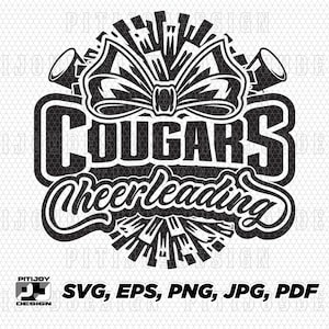 May include: Black and white graphic design featuring a cheerleading pom pom, a bow, and the words "Cougar Cheerleading".