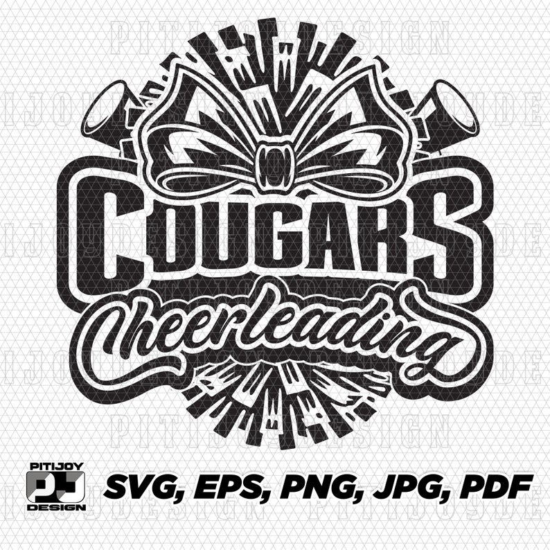 May include: Black and white graphic design featuring a cheerleading pom pom, a bow, and the words "Cougar Cheerleading".