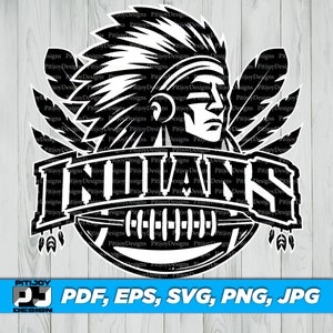 Könnte beinhalten: Schwarzweißes Grafikdesign eines amerikanischen Indianers mit Federkopfschmuck. Die Grafik enthält das Wort "INDIANS" und einen Football.