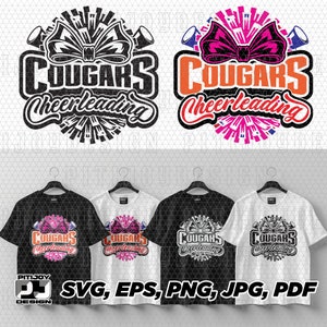 May include: Three t-shirt mockups featuring a black and white design of a cheerleading logo with the text "COUGARS Cheerleading". The logo features a bow, stars, and megaphones. The t-shirts are black, white, and gray.