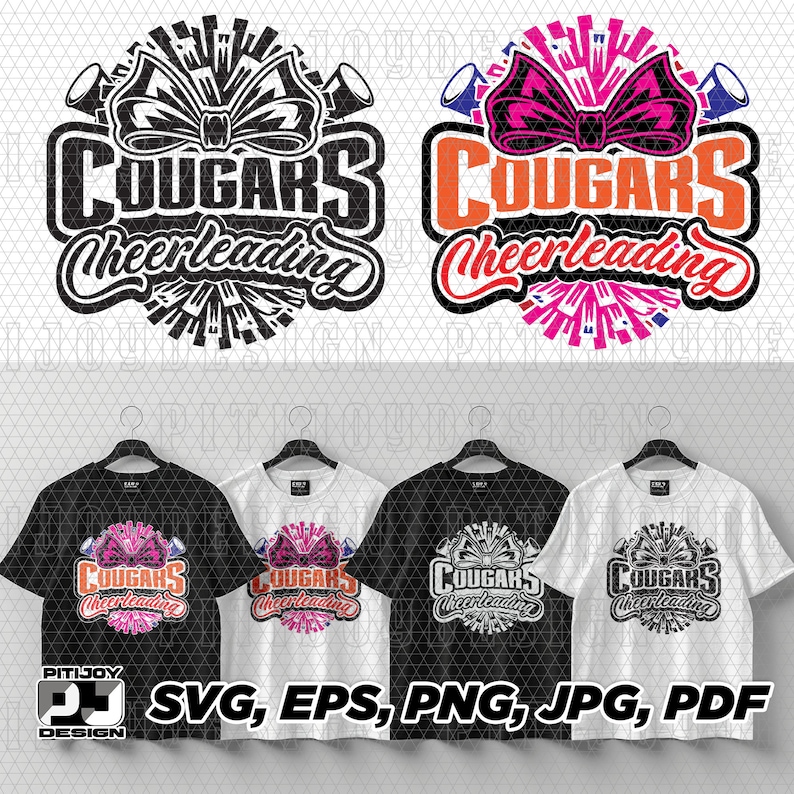 May include: Three t-shirt mockups featuring a black and white design of a cheerleading logo with the text "COUGARS Cheerleading". The logo features a bow, stars, and megaphones. The t-shirts are black, white, and gray.