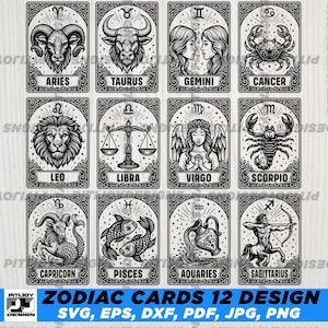 Zodiac Cards SVG, Zodiac Cards Bundle, Tarot Cards Svg, Zodiac Svg, Astrology Svg, Tarot Card Svg, Horoscope Svg, Zodiac Signs Png, Tarot