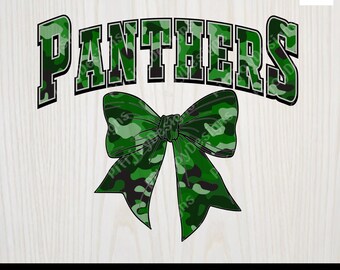 May include: A digital design featuring the word "PANTHERS" in green camouflage lettering with a black outline, arched above a matching camouflage bow. The design is for digital files, including SVG, EPS, DXF, PNG, JPG, and PDF formats.