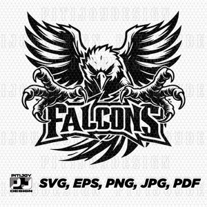 May include: A monochrome graphic featuring a falcon with spread wings and claws. The word "FALCONS" is displayed below the bird. The image also includes file type options: SVG, EPS, PNG, JPG, and PDF.