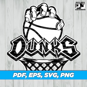 May include: Black and white graphic design of a hand dunking a basketball into a hoop with the word "DUNK" in a stylized font.