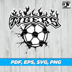 May include: Black and white graphic design of a soccer ball with flames and the word "TIGERS" above it. The soccer ball is breaking through a cracked wall.