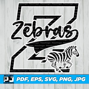May include: Black and white graphic design of a zebra with the word "Zebras" in a stylized font inside a square frame.