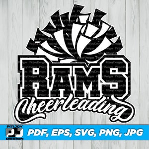 Może przedstawiać: Czarno-biała grafika z napisem "RAMS" w czcionce uniwersyteckiej, z napisem "Cheerleading" w czcionce skryptowej poniżej. Grafika pomponu znajduje się nad słowem "RAMS". Obraz zawiera opcje formatu pliku: PDF, EPS, SVG, PNG, JPG.