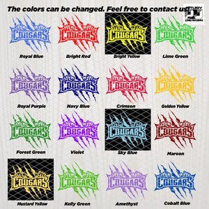 May include: A digital design sheet with 16 different color variations of a "COUGARS" logo. The logo features the word "COUGARS" in a white font with a claw mark design behind the text. The colors include royal blue, bright red, bright yellow, lime green, royal purple, navy blue, crimson, golden yellow, forest green, violet, sky blue, maroon, mustard yellow, kelly green, amethyst, and cobalt blue.