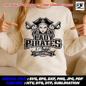 Lady Pirates Volleyball Svg, Pirate Mascot Logo for Girls Team Shirt, School Spirit Volleyball Design Png for Cricut – Instant Download