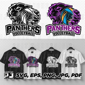 May include: A black and white panther with a volleyball in its claws, with the text "Panthers Volleyball" below. The panther is in a purple and white color scheme in the second image. The image also shows three t-shirts with the same design in black, white, and gray.