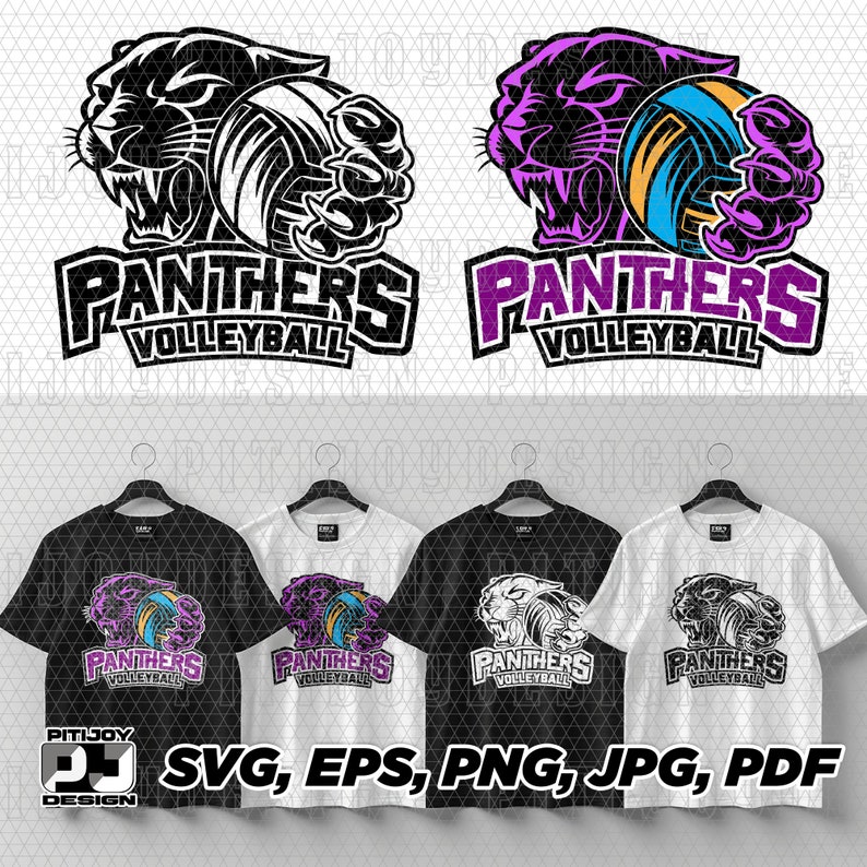 May include: A black and white panther with a volleyball in its claws, with the text "Panthers Volleyball" below. The panther is in a purple and white color scheme in the second image. The image also shows three t-shirts with the same design in black, white, and gray.