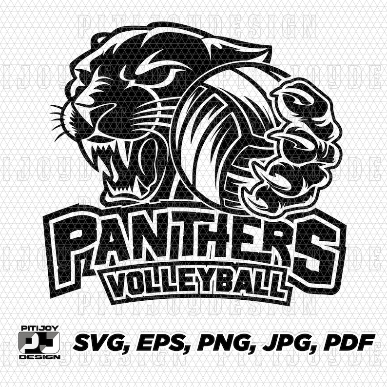 May include: Black and white illustration of a panther with a volleyball. The panther is snarling and has its claws out. The text "Panthers Volleyball" is below the panther.